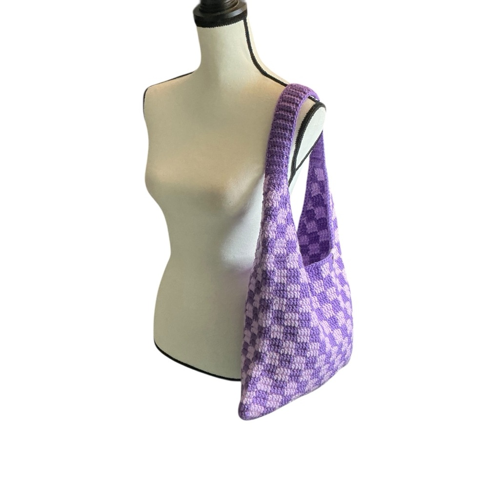 Handmade Amethyst & Soft Purple Checker Checkerboard Crochet Shoulder Tote Bag - Picture 12 of 16